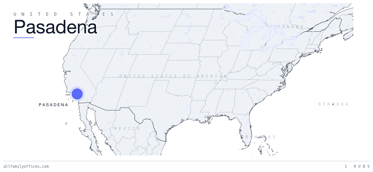Map of the United States with Pasadena marked as a family office hub