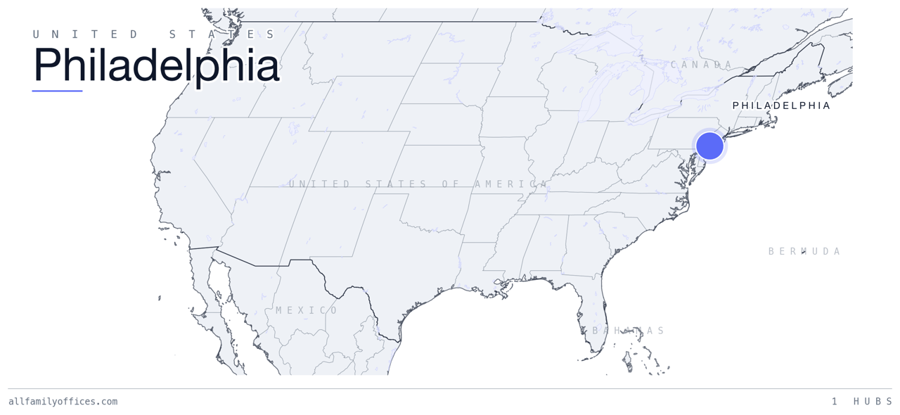 Map of the United States with Philadelphia marked as a family office hub