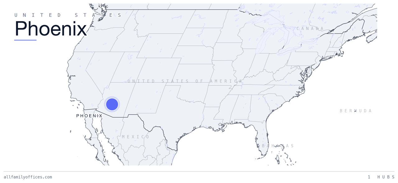 Map of the United States with Phoenix marked as a family office hub