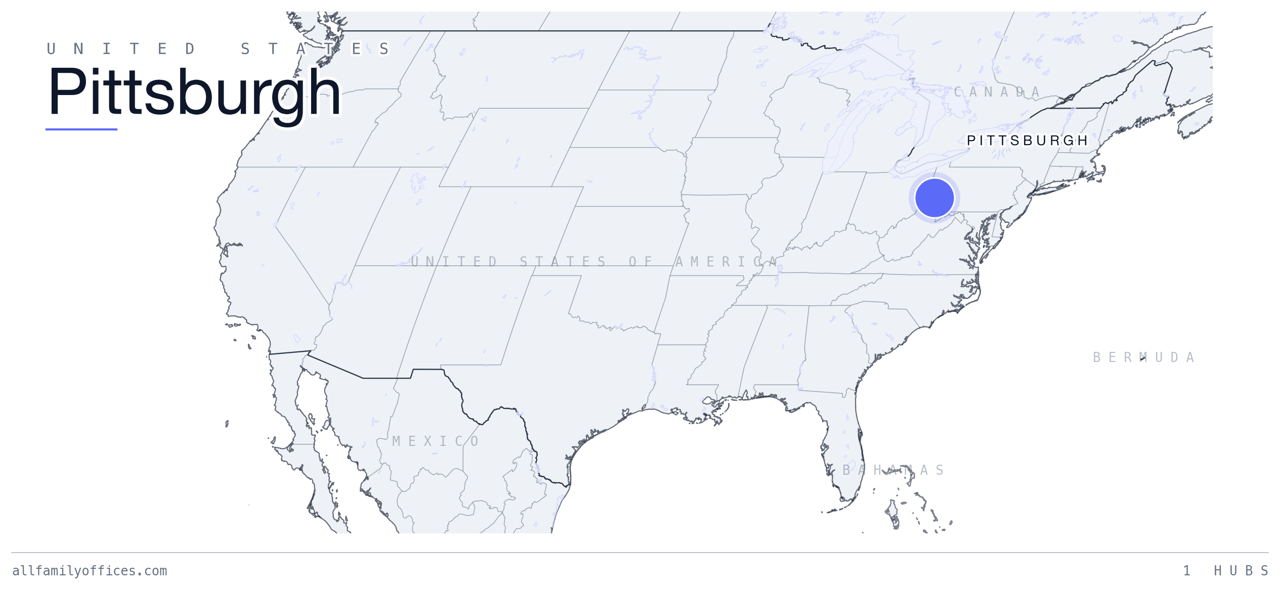 Map of the United States with Pittsburgh marked as a family office hub