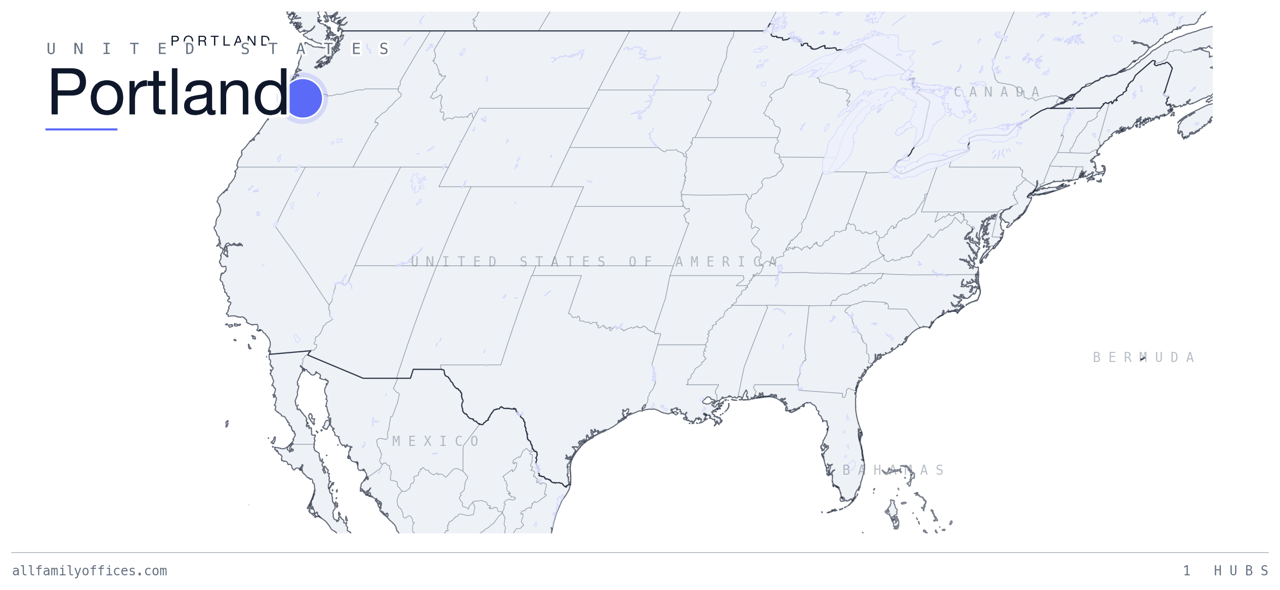 Map of the United States with Portland marked as a family office hub
