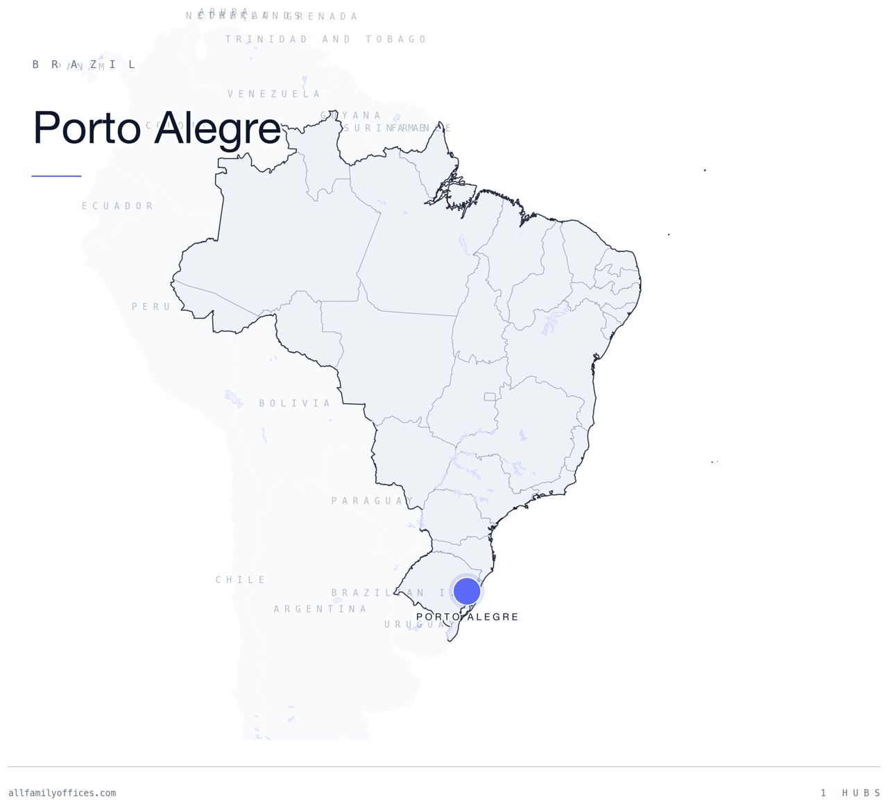 Map of Brazil with Porto Alegre marked as a family office hub