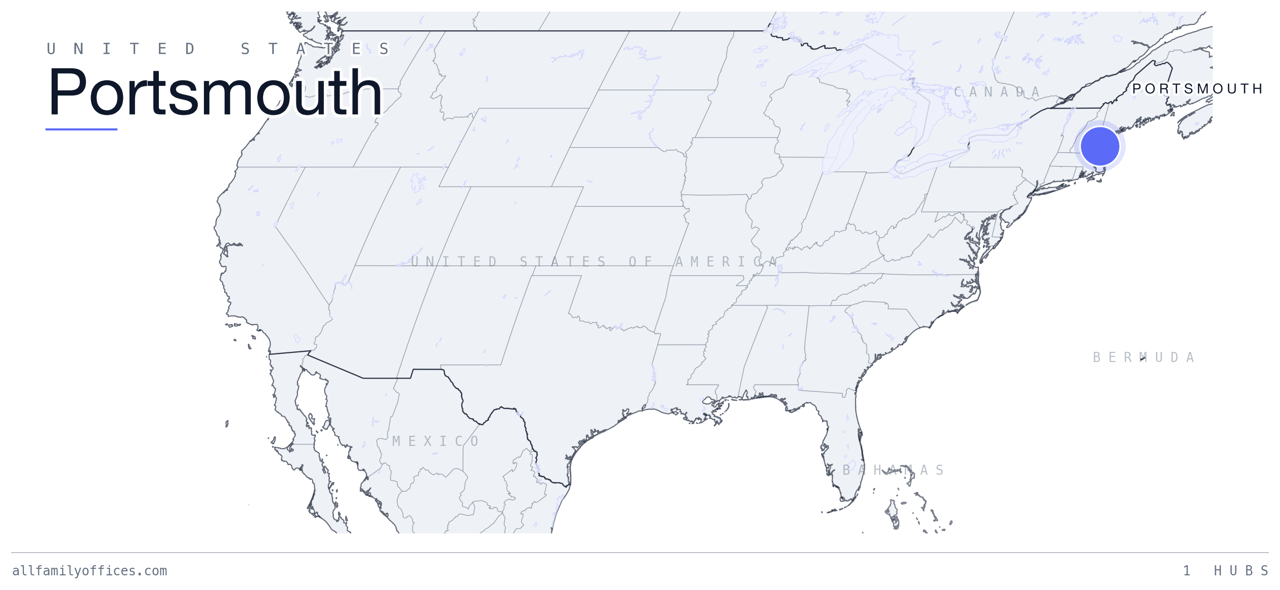 Map of the United States with Portsmouth marked as a family office hub