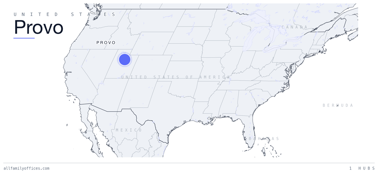 Map of the United States with Provo marked as a family office hub