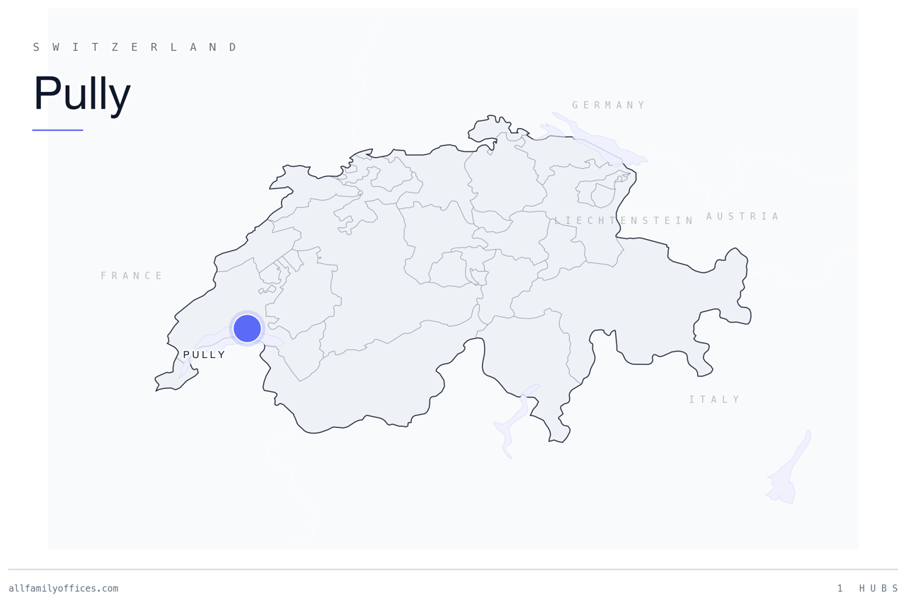 Map of Switzerland with Pully marked as a family office hub