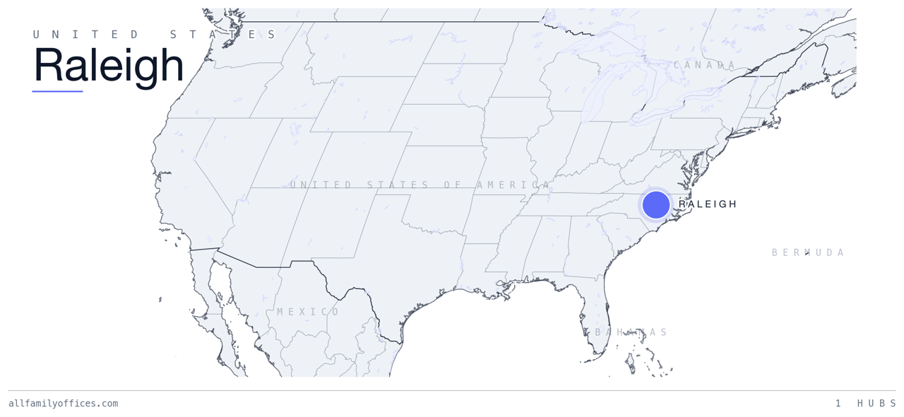 Map of the United States with Raleigh marked as a family office hub