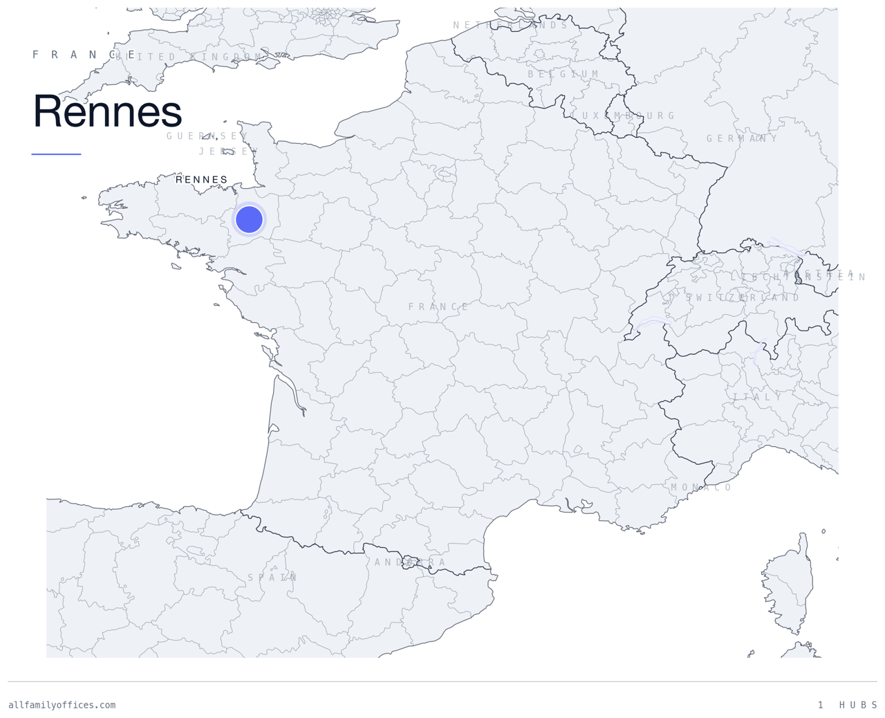 Map of France with Rennes marked as a family office hub
