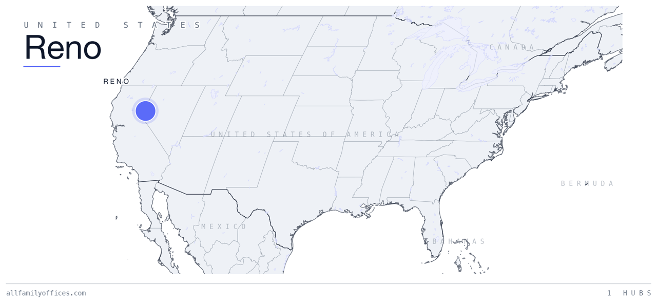 Map of the United States with Reno marked as a family office hub