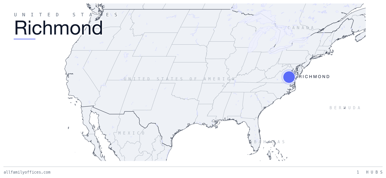 Map of the United States with Richmond marked as a family office hub