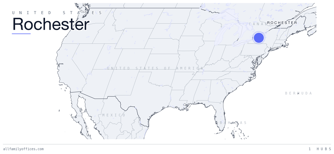 Map of the United States with Rochester marked as a family office hub