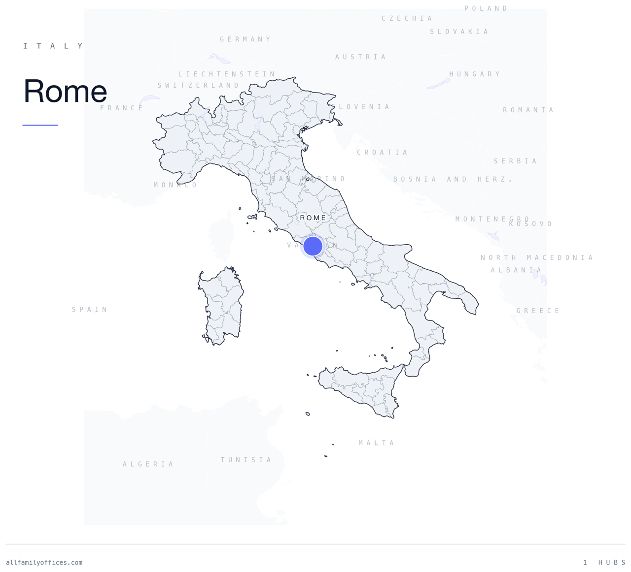 Map of Italy with Rome marked as a family office hub