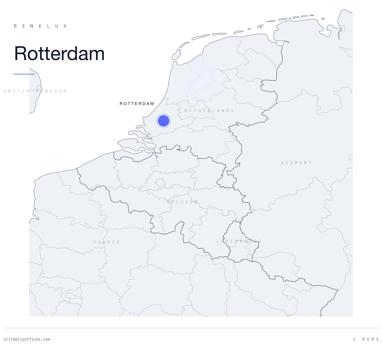 Map of Benelux with Rotterdam marked as a family office hub