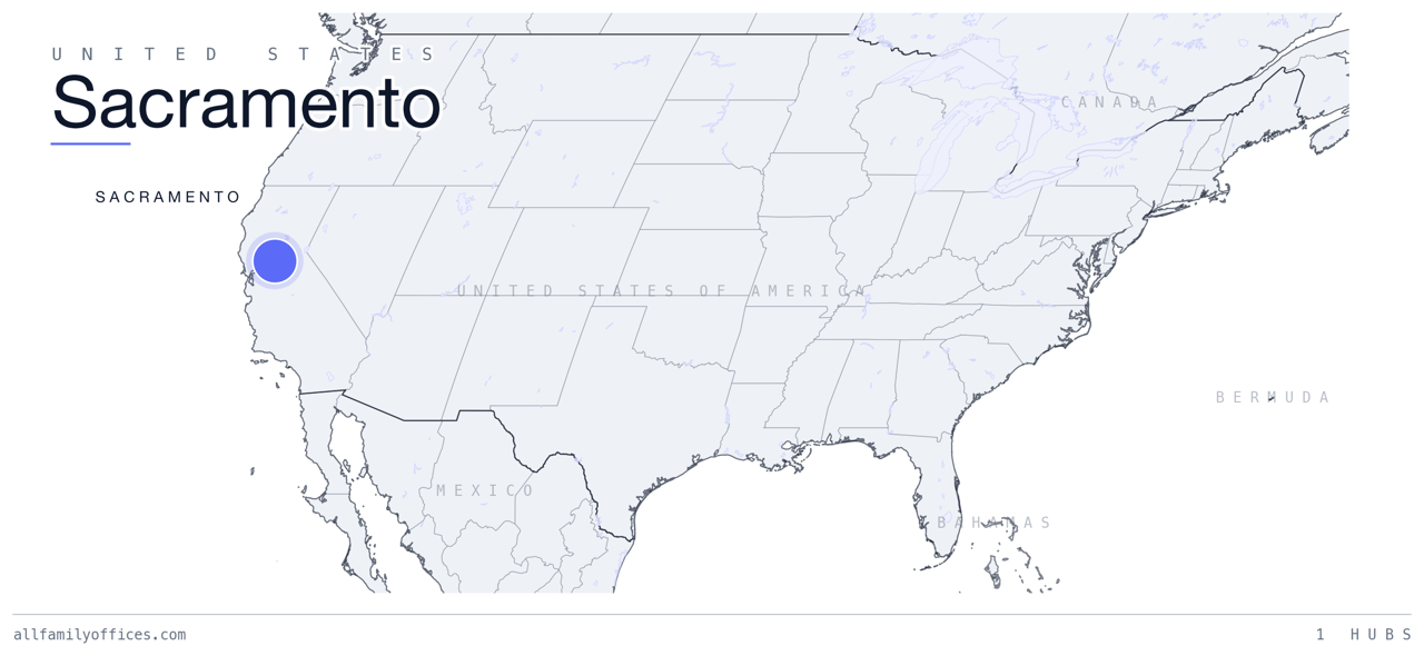 Map of the United States with Sacramento marked as a family office hub