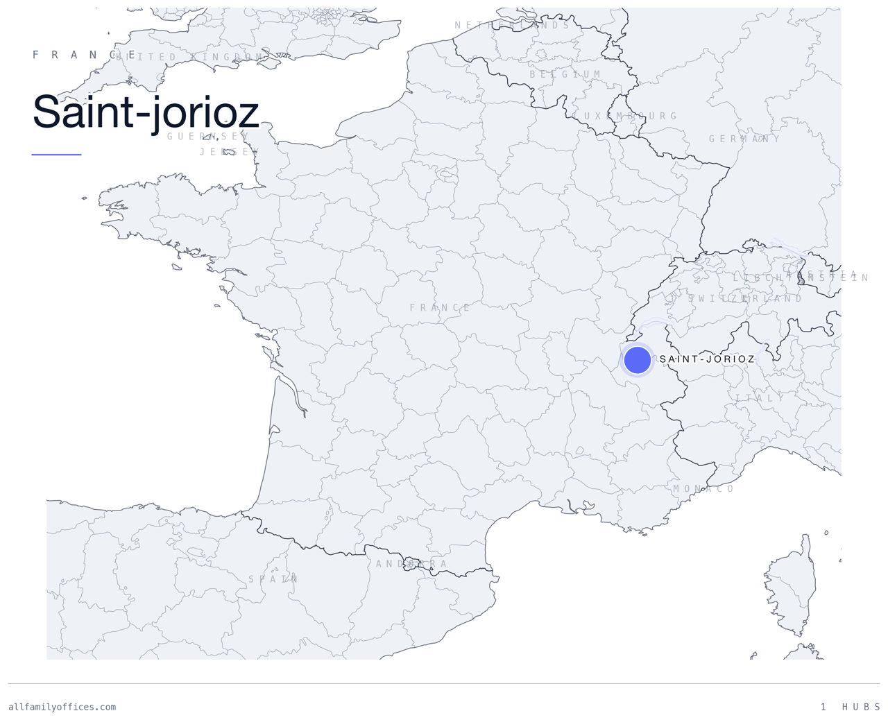 Map of France with Saint-jorioz marked as a family office hub