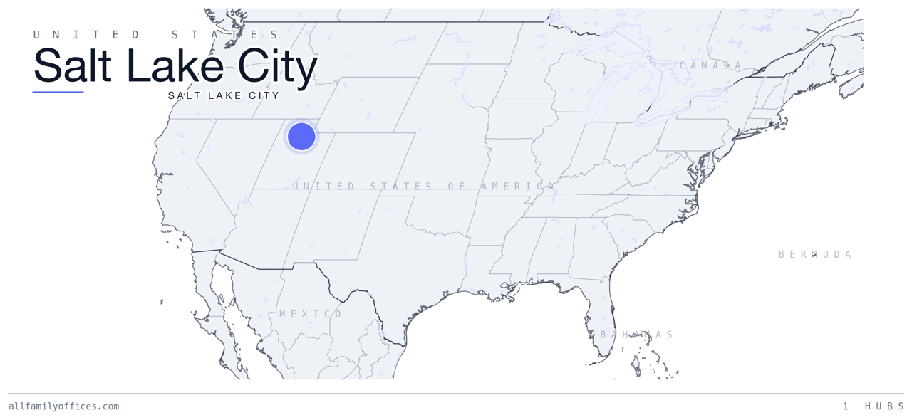 Map of the United States with Salt Lake City marked as a family office hub