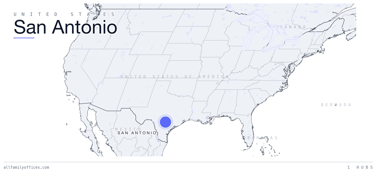 Map of the United States with San Antonio marked as a family office hub