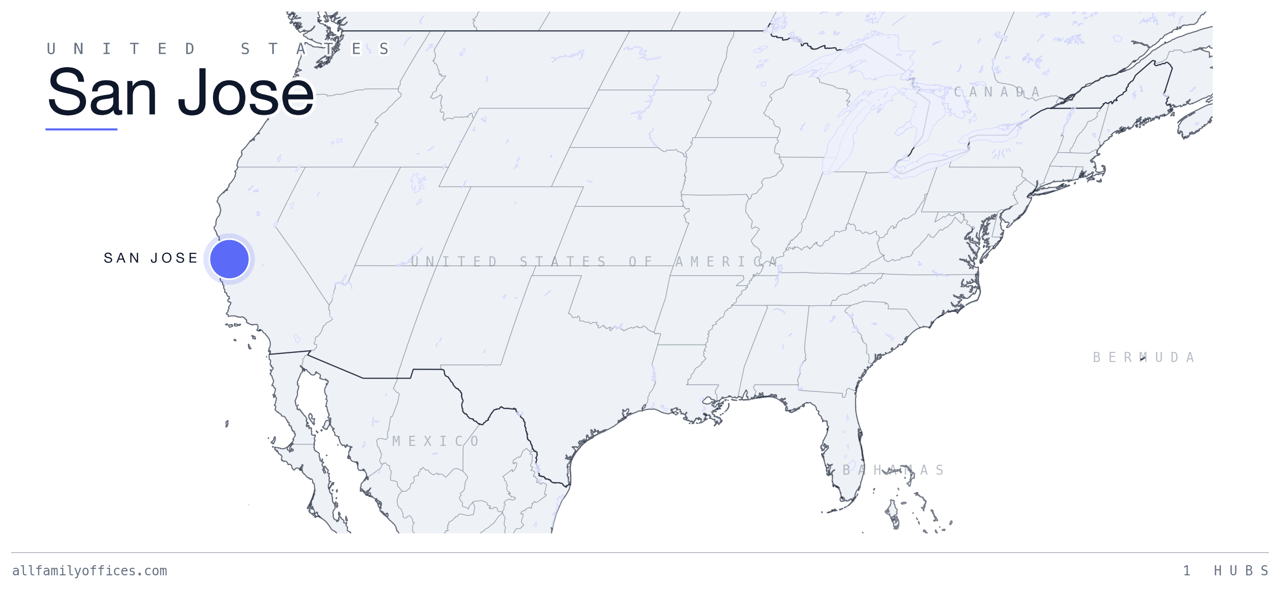 Map of the United States with San Jose marked as a family office hub