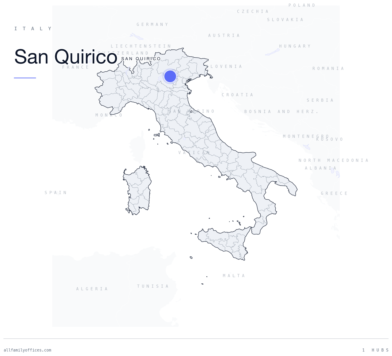Map of Italy with San Quirico marked as a family office hub