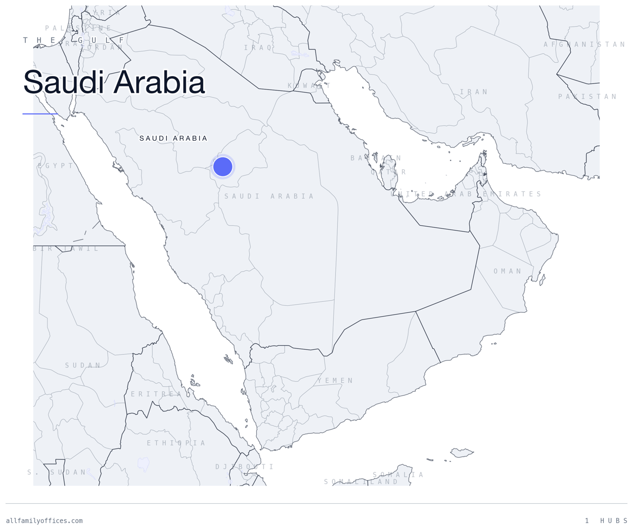 Map of the Gulf with Saudi Arabia marked as a family office hub