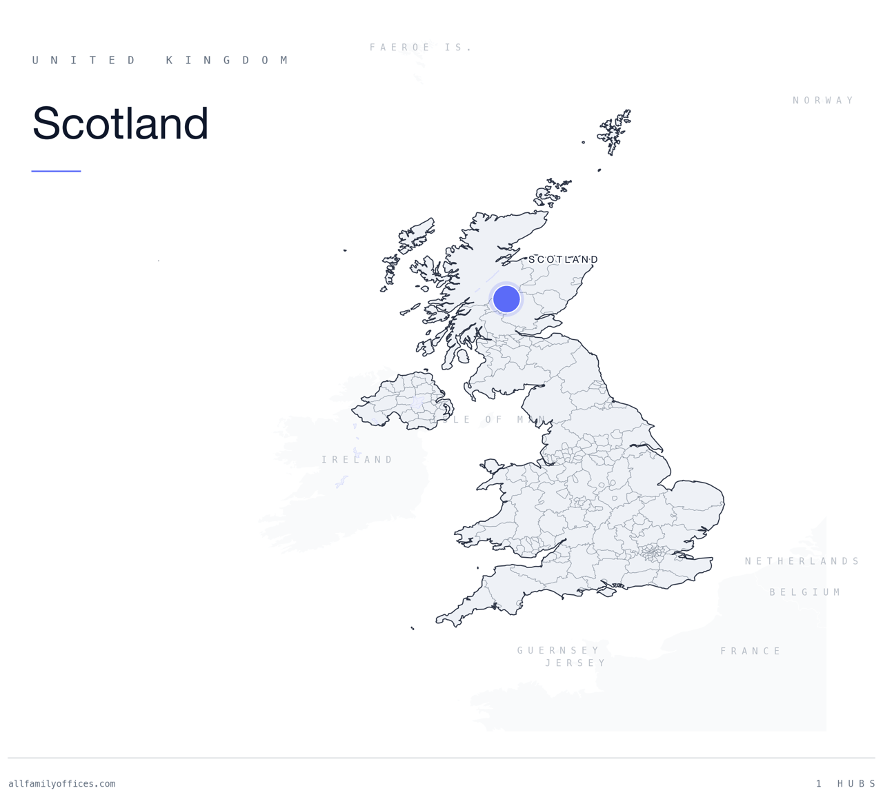 Map of the United Kingdom with Scotland marked as a family office hub