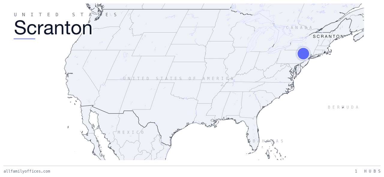 Map of the United States with Scranton marked as a family office hub