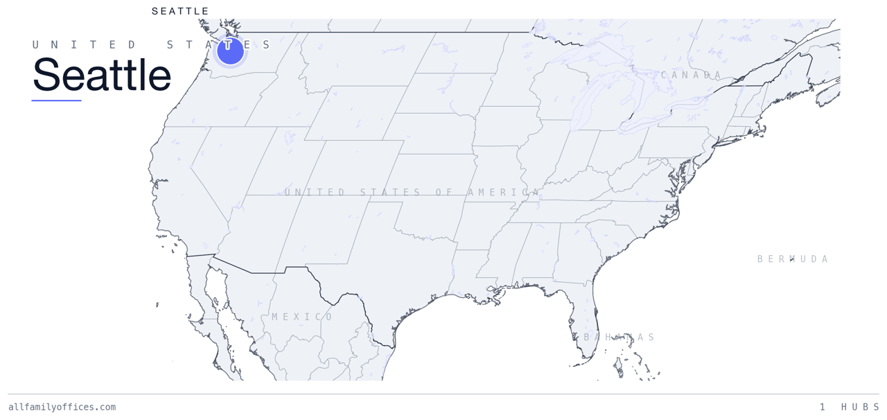 Map of the United States with Seattle marked as a family office hub