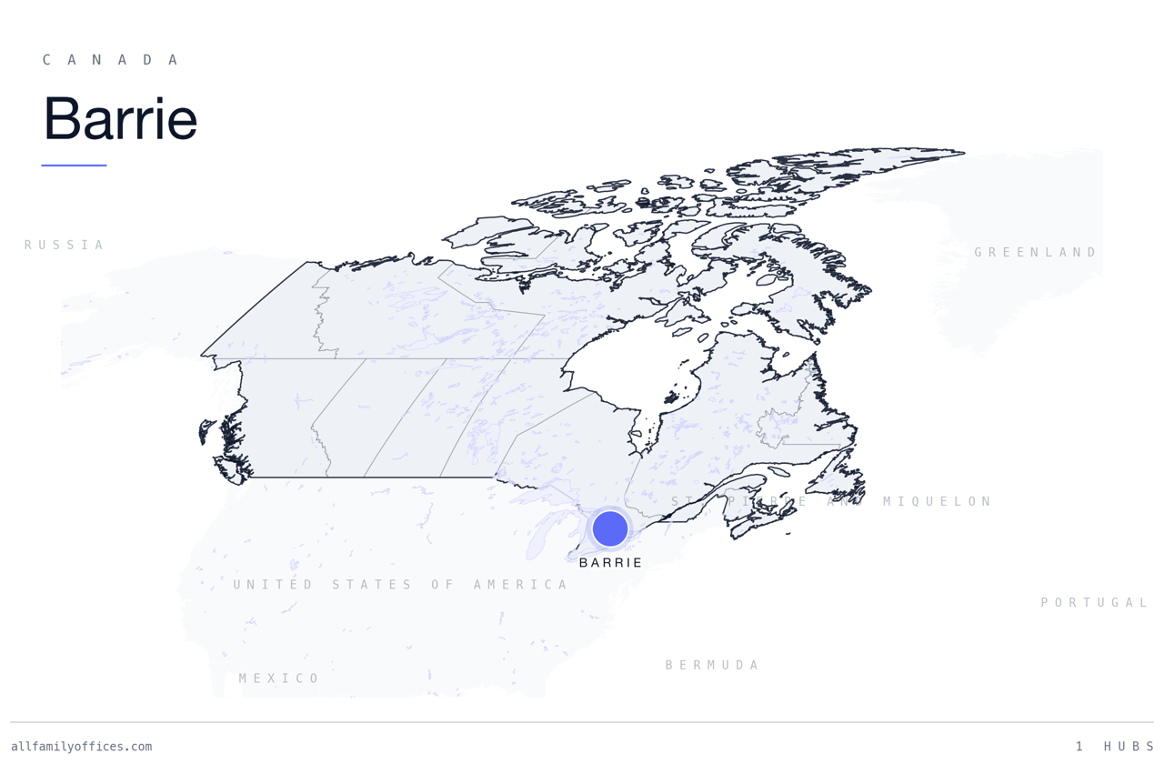 Map of Canada with Barrie marked as a family office hub