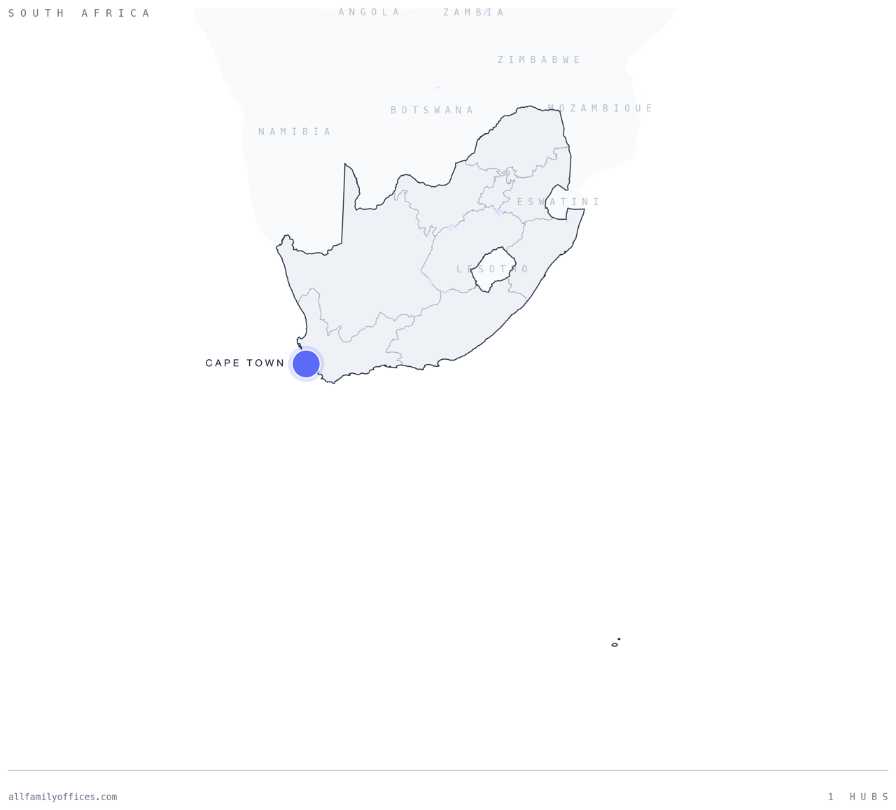 Map of South Africa with its family office hubs marked