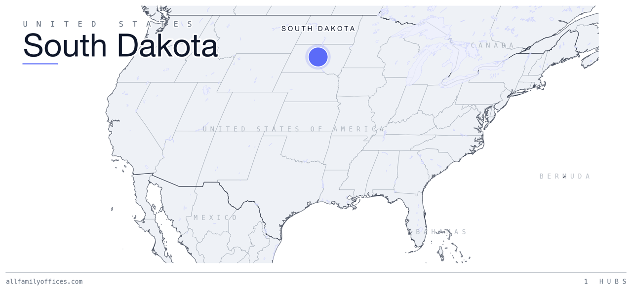 Map of the United States with South Dakota marked as a family office hub