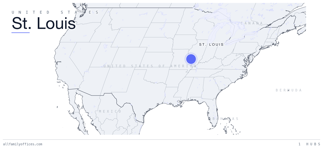 Map of the United States with St. Louis marked as a family office hub