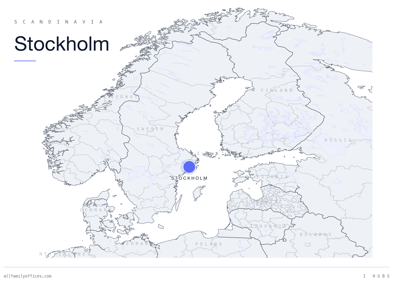 Map of Scandinavia with Stockholm marked as a family office hub