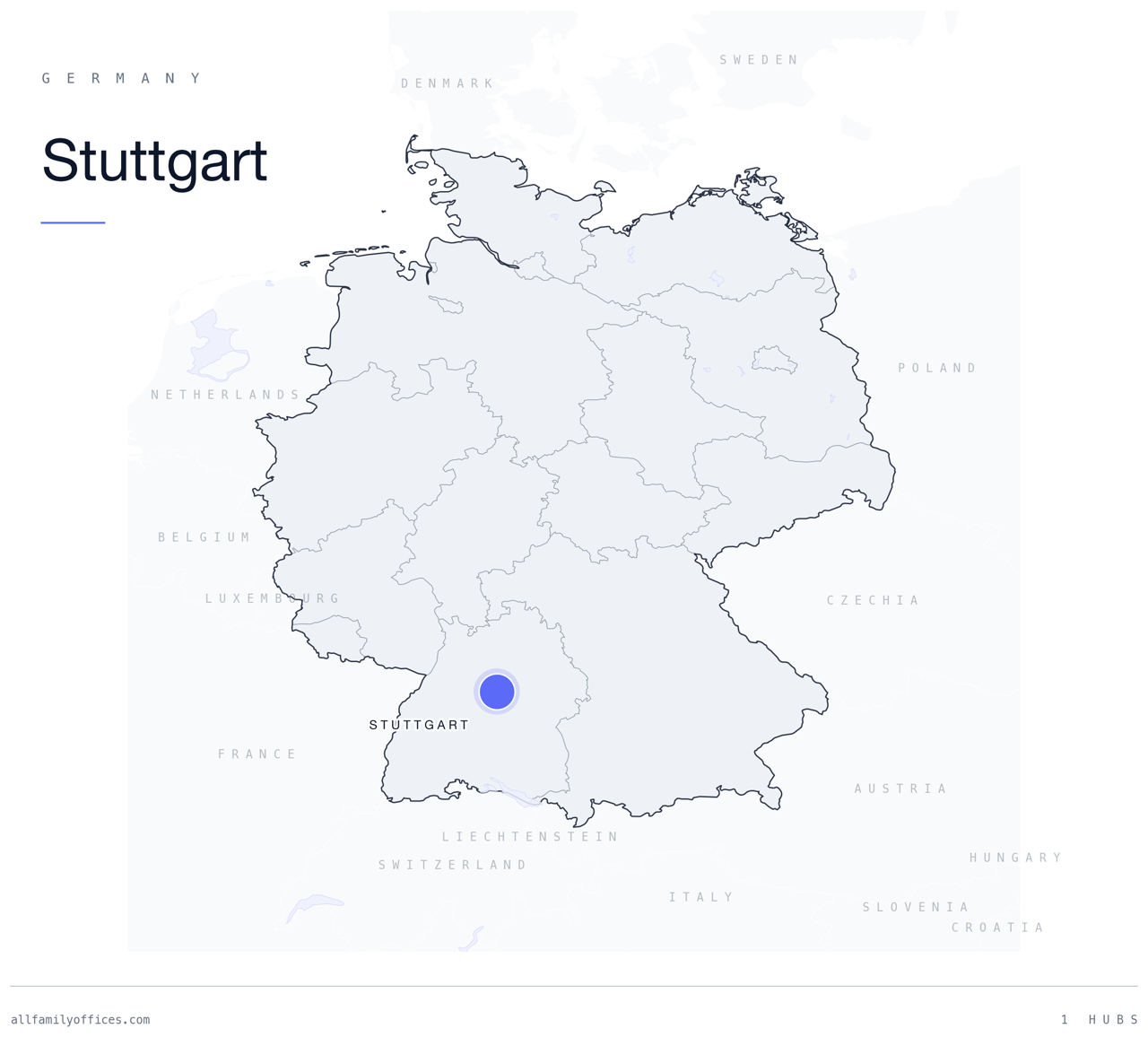 Map of Germany with Stuttgart marked as a family office hub