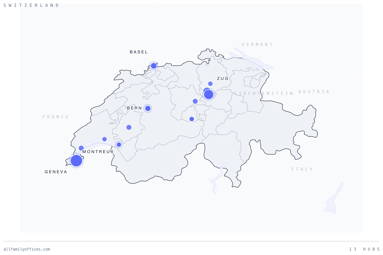 Map of Switzerland with its family office hubs marked