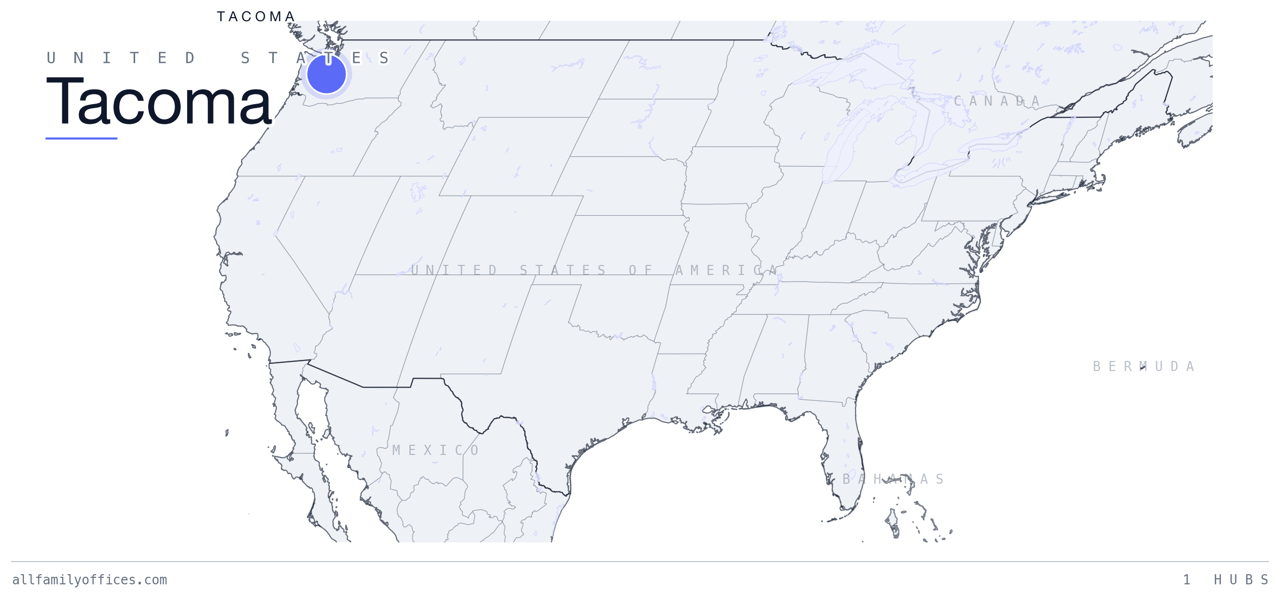 Map of the United States with Tacoma marked as a family office hub