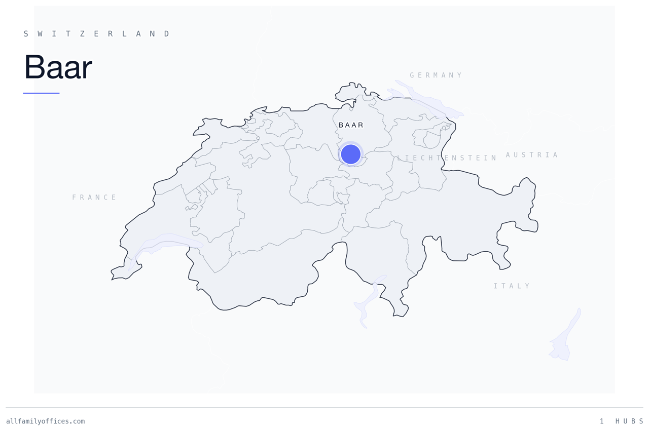 Map of Switzerland with Baar marked as a family office hub