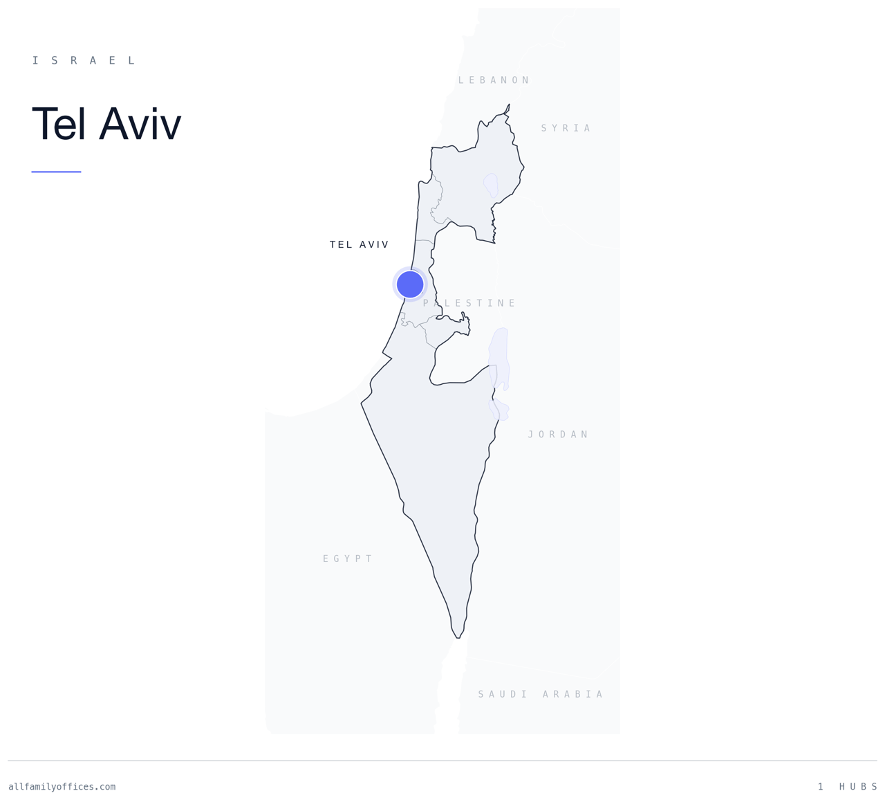 Map of Israel with Tel Aviv marked as a family office hub