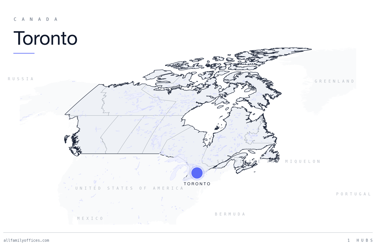 Map of Canada with Toronto marked as a family office hub