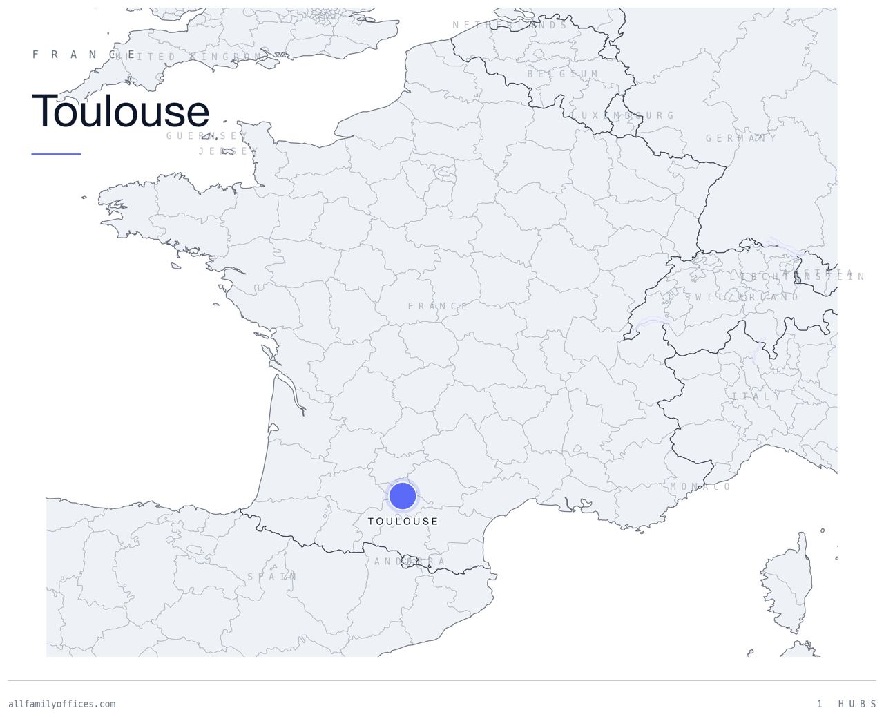 Map of France with Toulouse marked as a family office hub