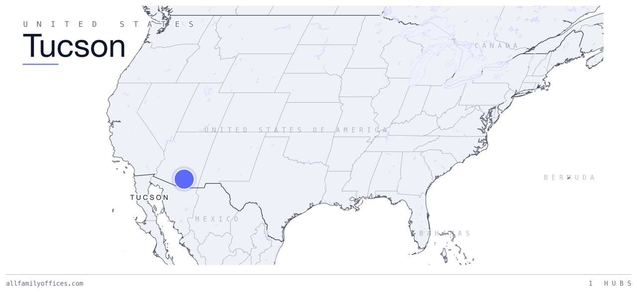 Map of the United States with Tucson marked as a family office hub