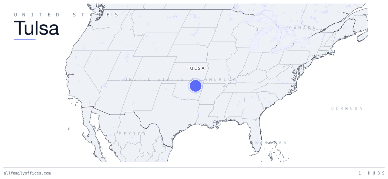Map of the United States with Tulsa marked as a family office hub