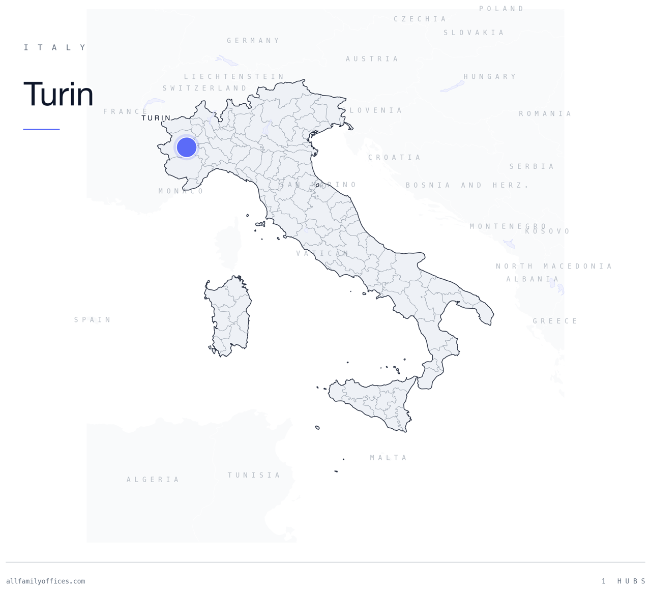 Map of Italy with Turin marked as a family office hub