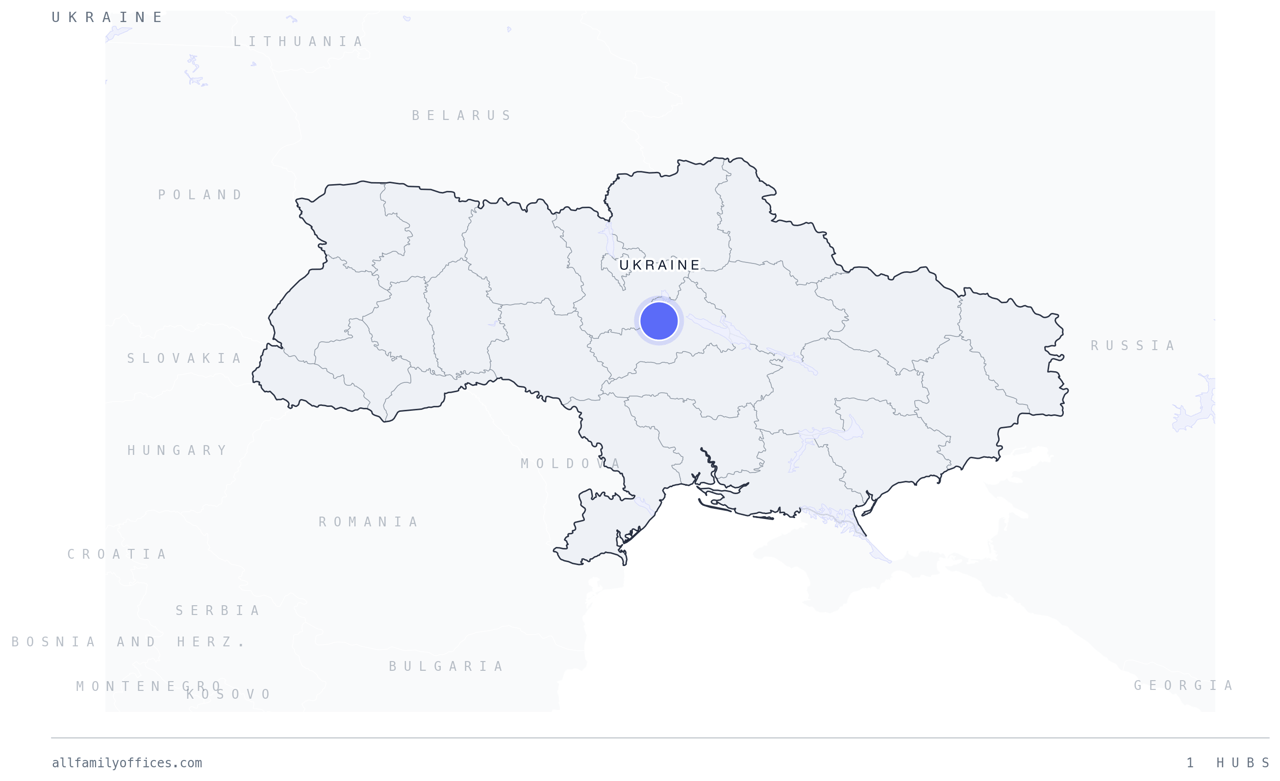 Map of Ukraine with its family office hubs marked