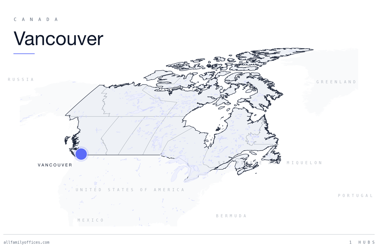 Map of Canada with Vancouver marked as a family office hub