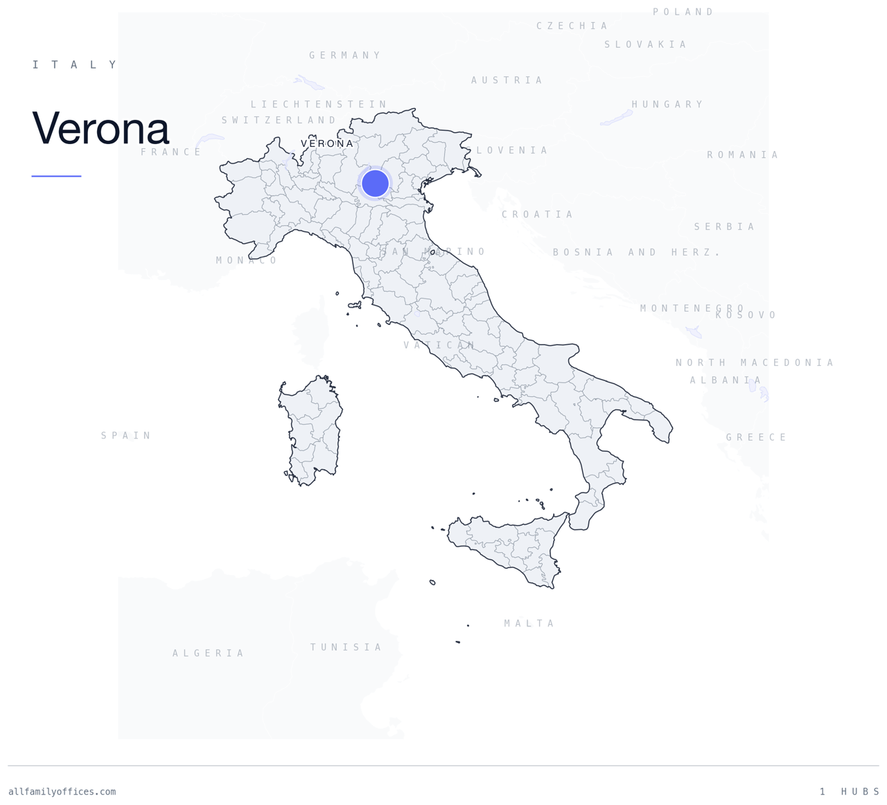 Map of Italy with Verona marked as a family office hub