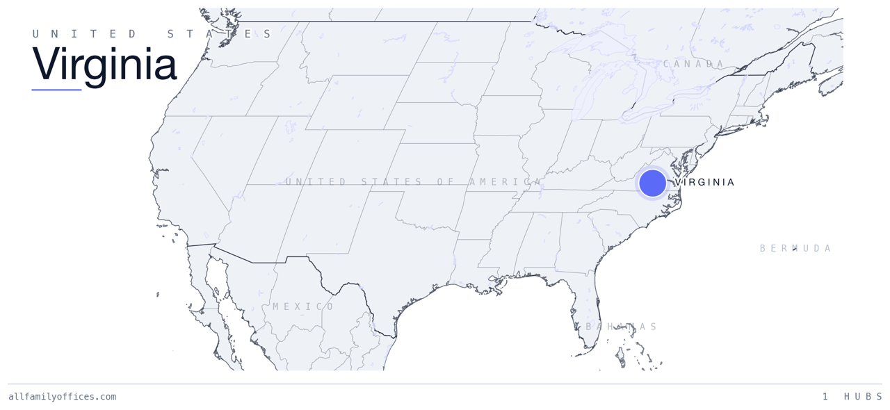 Map of the United States with Virginia marked as a family office hub