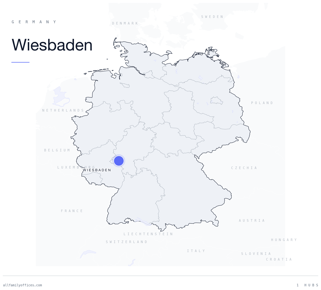 Map of Germany with Wiesbaden marked as a family office hub