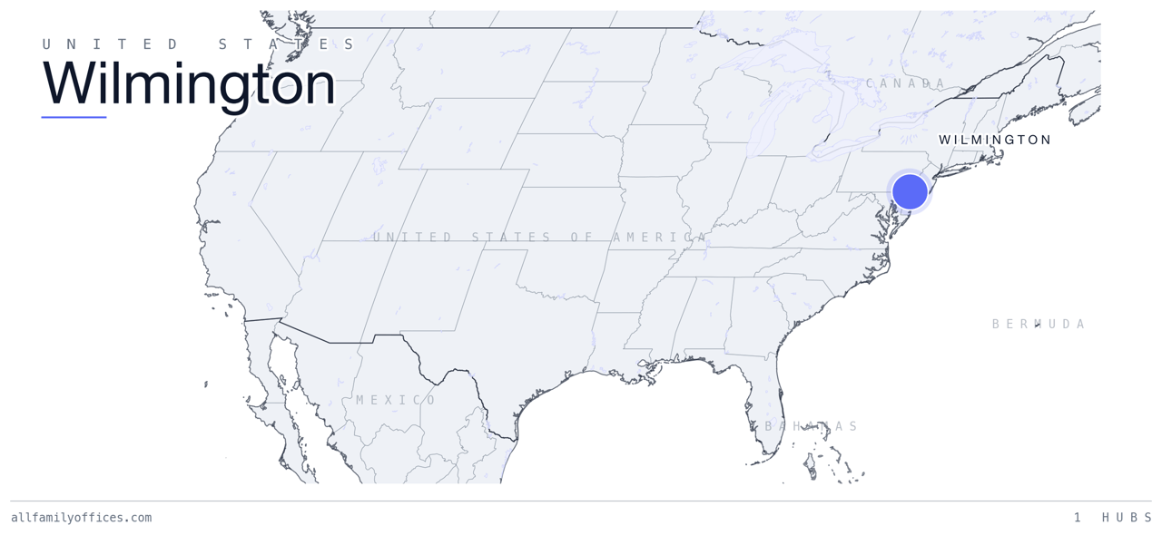 Map of the United States with Wilmington marked as a family office hub