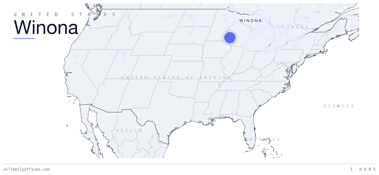 Map of the United States with Winona marked as a family office hub