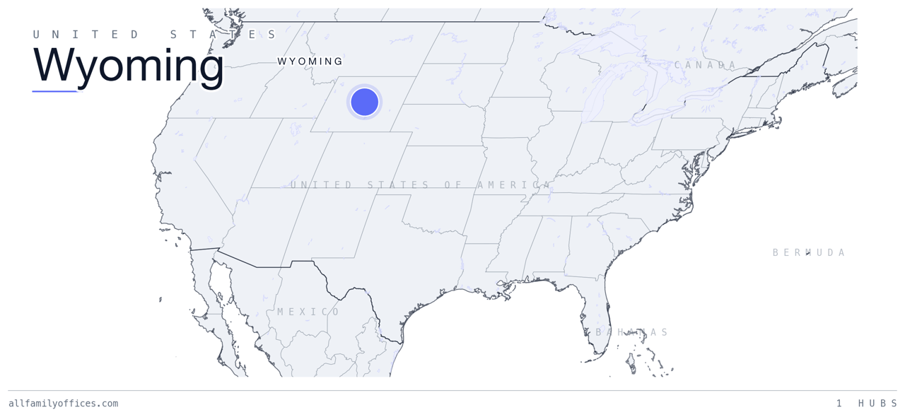 Map of the United States with Wyoming marked as a family office hub