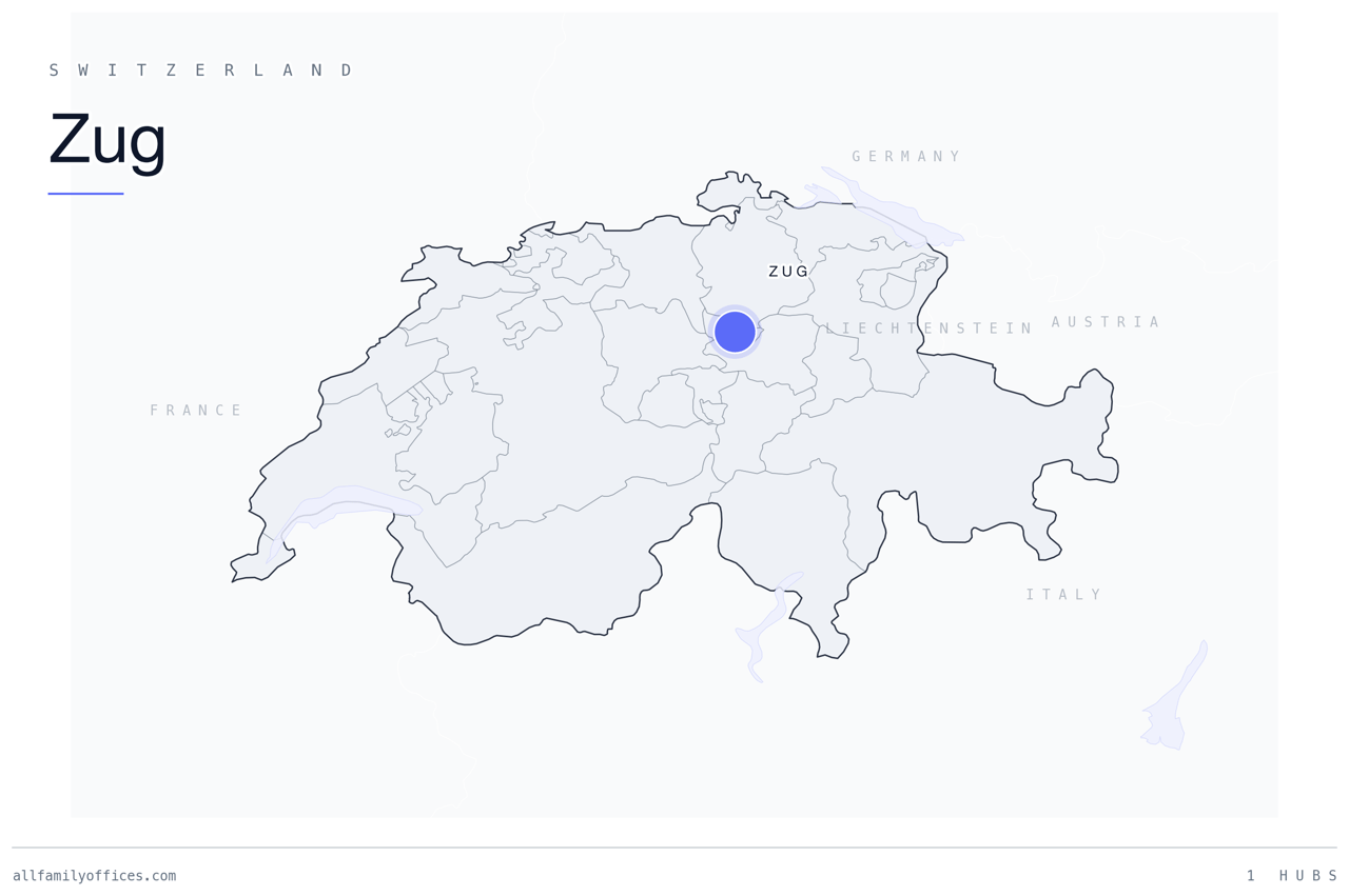 Map of Switzerland with Zug marked as a family office hub